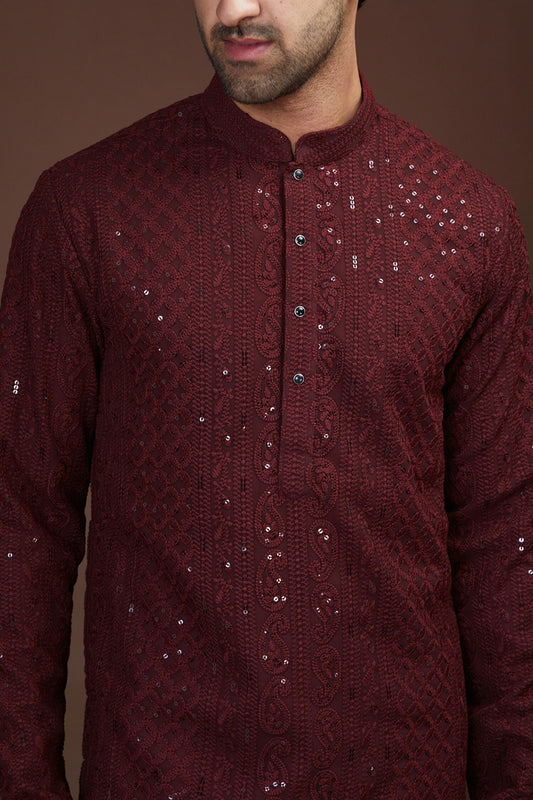 Men Maroon Paisley Chikankari Kurta