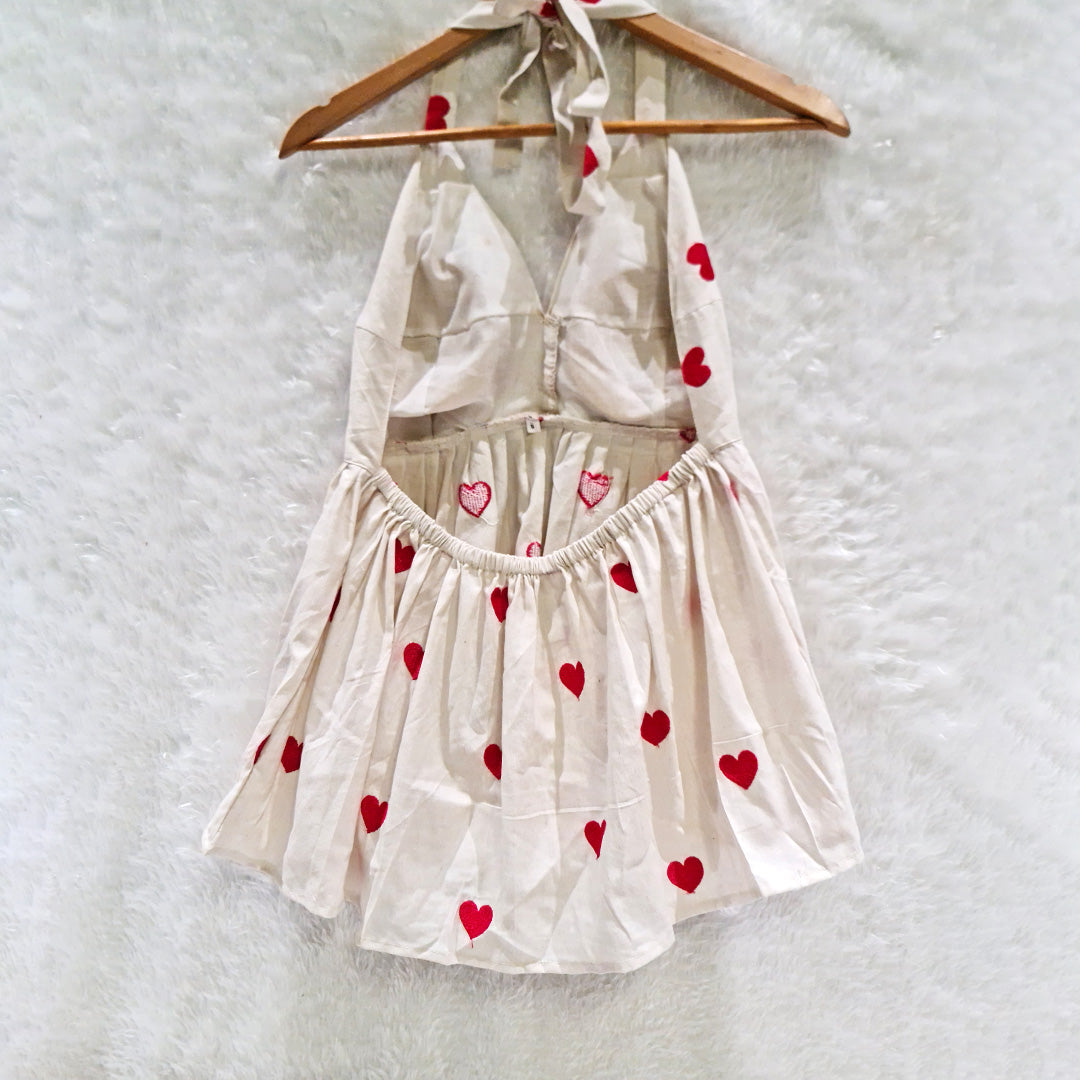 Milky White Heart Embrodired Padded Halter Neck Cotton Top