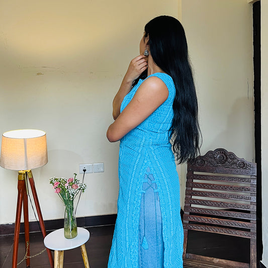 Turquoise Side Tassel Long Chikankari Kurti