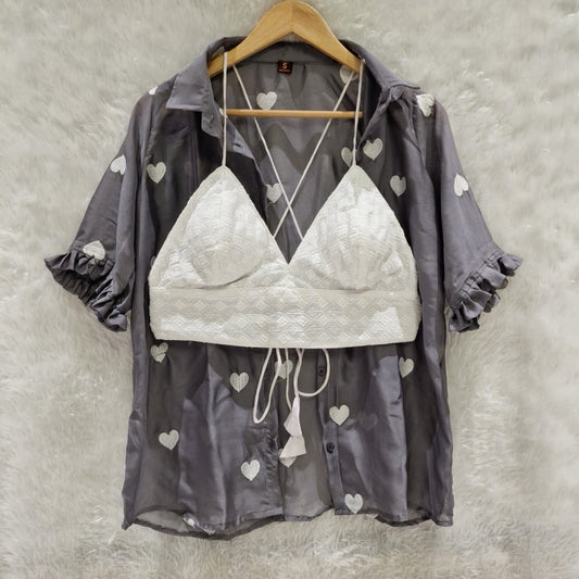 Dark Grey Heart Embroidery Chiffon Shirt & White Chikan Bra Combo