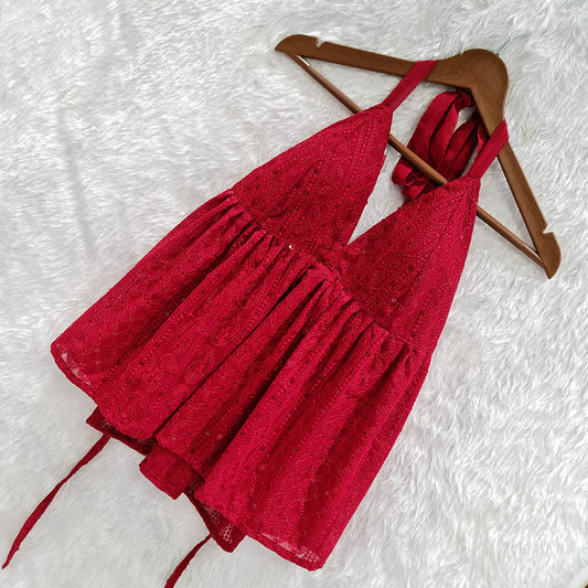 Maroon Chikankari Chiffon Halter Neck Top