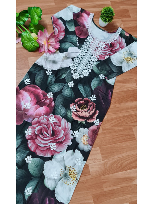 Green Qaifa Milmul Cotton Straight Chikankari Kurti