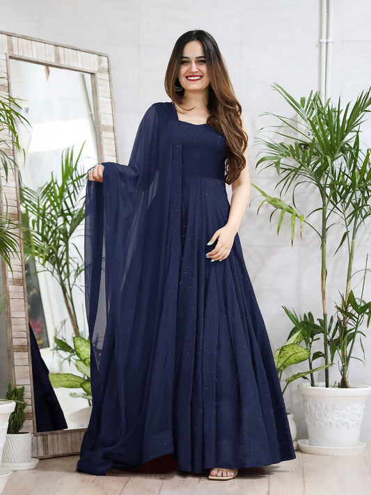 Navy Blue Anarkali Gown In Rayon With Lucknowi Chikankari Work