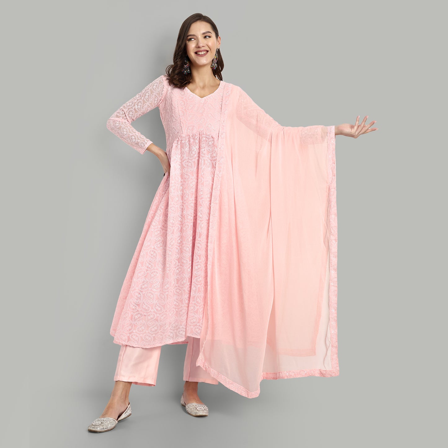 Paisley Embroidered Sequinned Georgette Fit & Flare Ethnic Dress with Dupatta