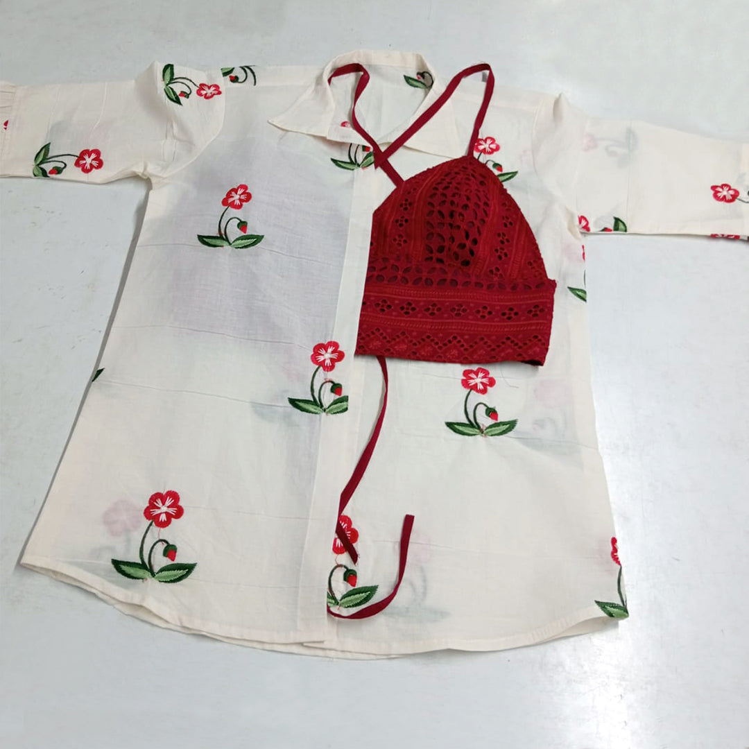 Biege Embroidery Shirt & Red Hakoba Chikan Bra Combo