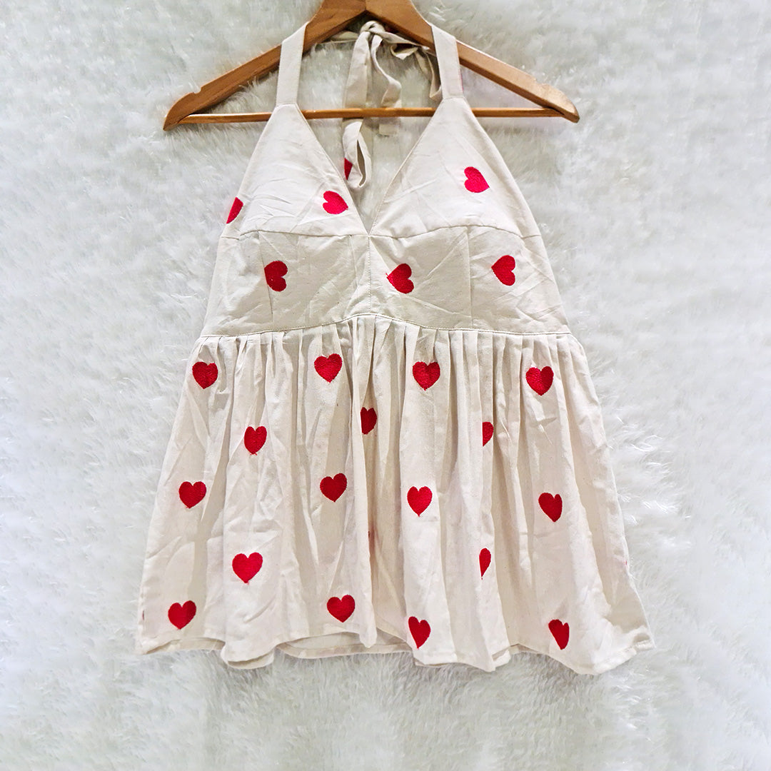 Milky White Heart Embrodired Padded Halter Neck Cotton Top