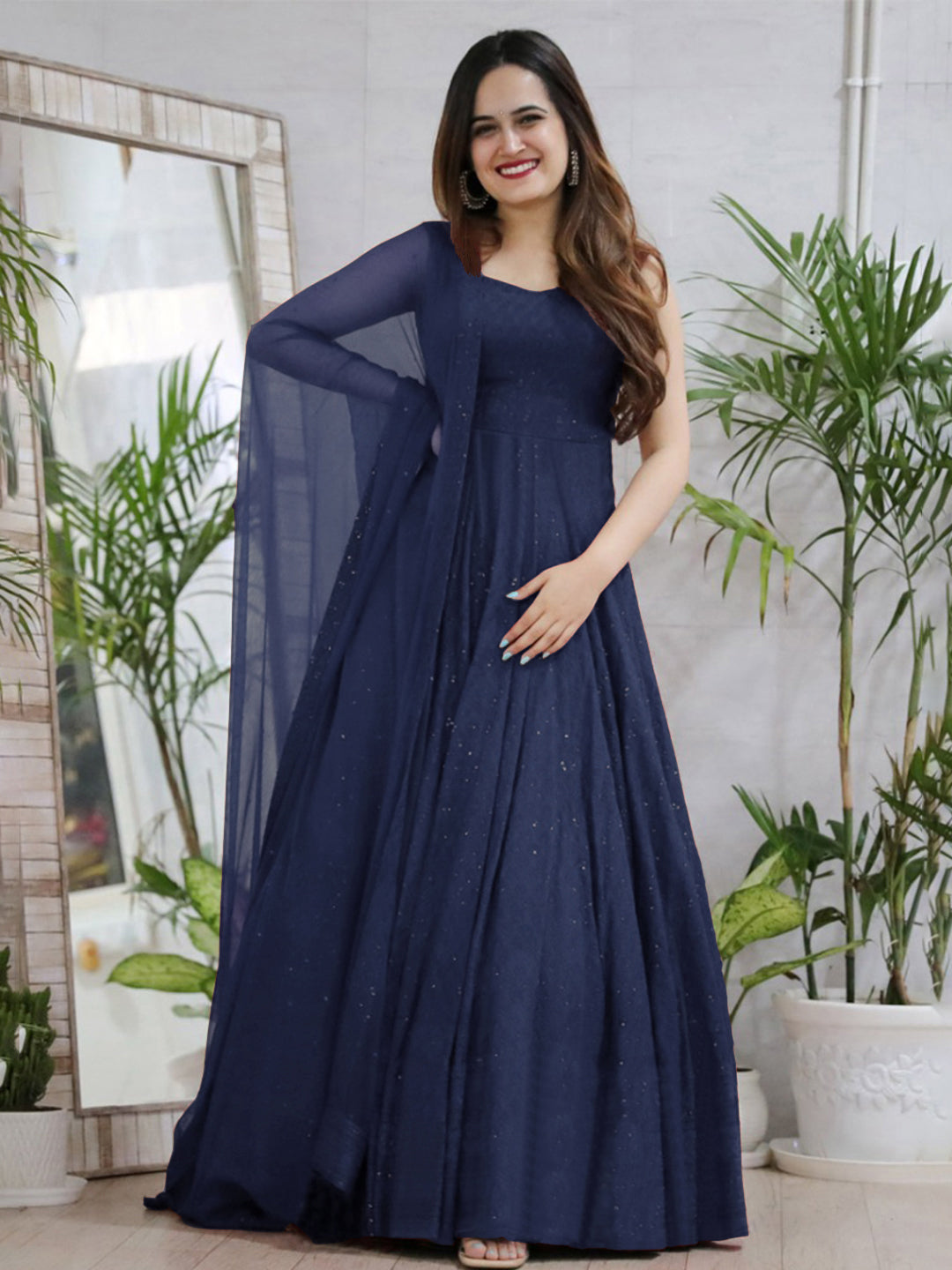 Navy Blue Anarkali Gown In Rayon With Lucknowi Chikankari Work