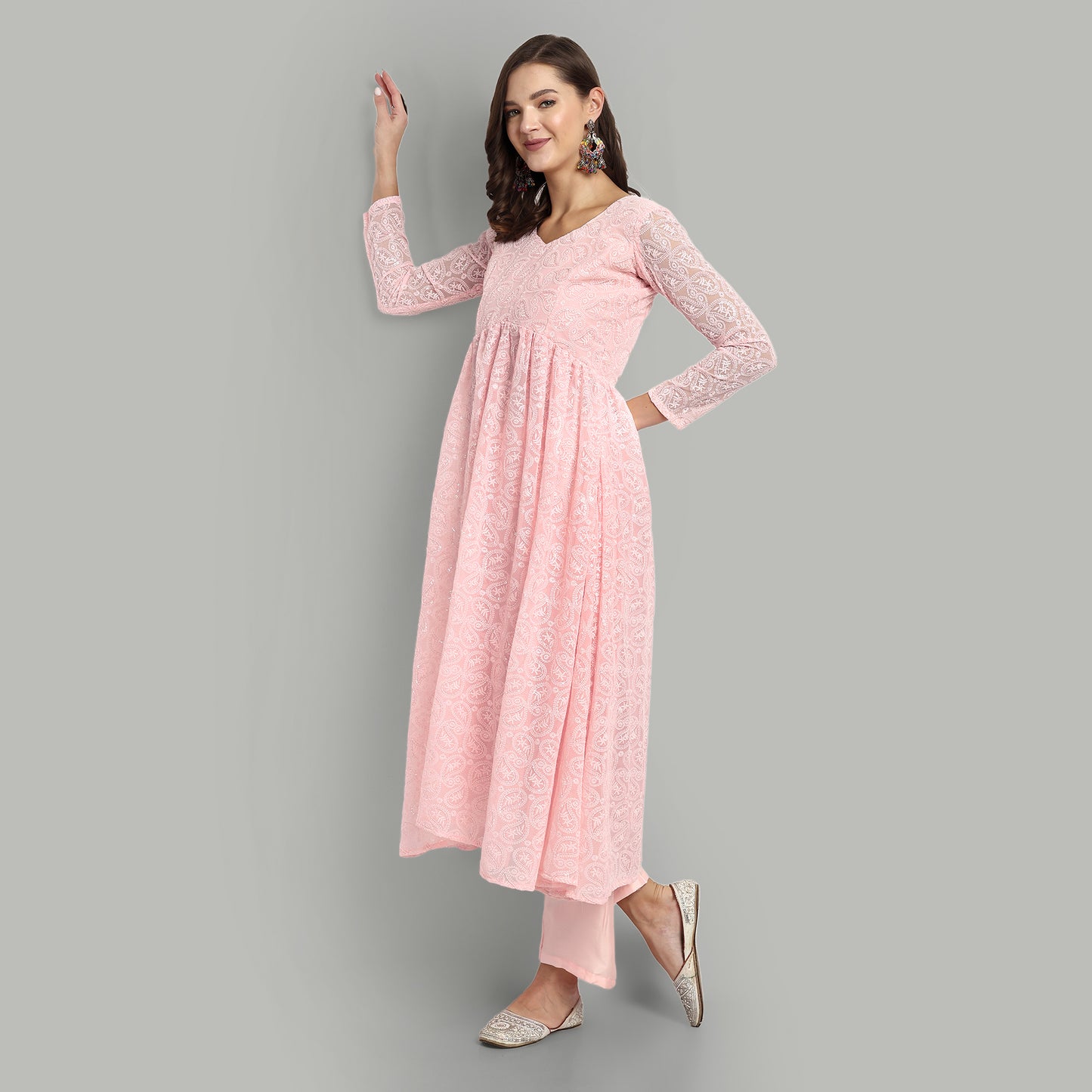 Paisley Embroidered Sequinned Georgette Fit & Flare Ethnic Dress with Dupatta