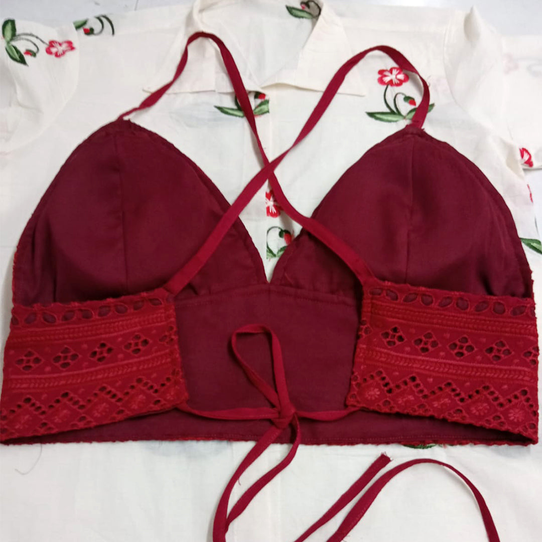 Biege Embroidery Shirt & Red Hakoba Chikan Bra Combo