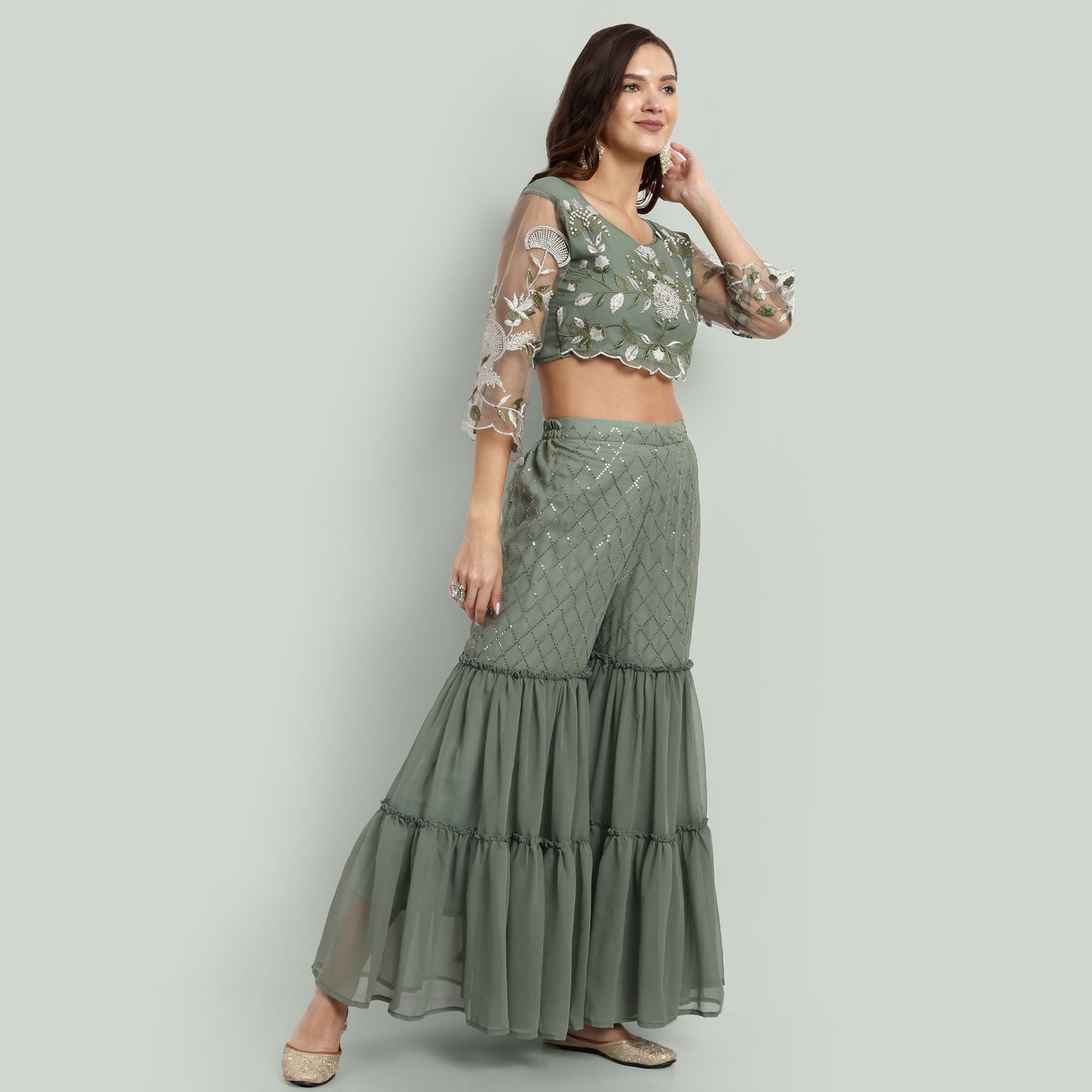 Grey Georgette Embroidery Round Pant Sharara Set
