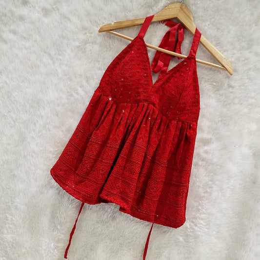 Maroon Chikan Halter Neck Cotton Removable Padded Top