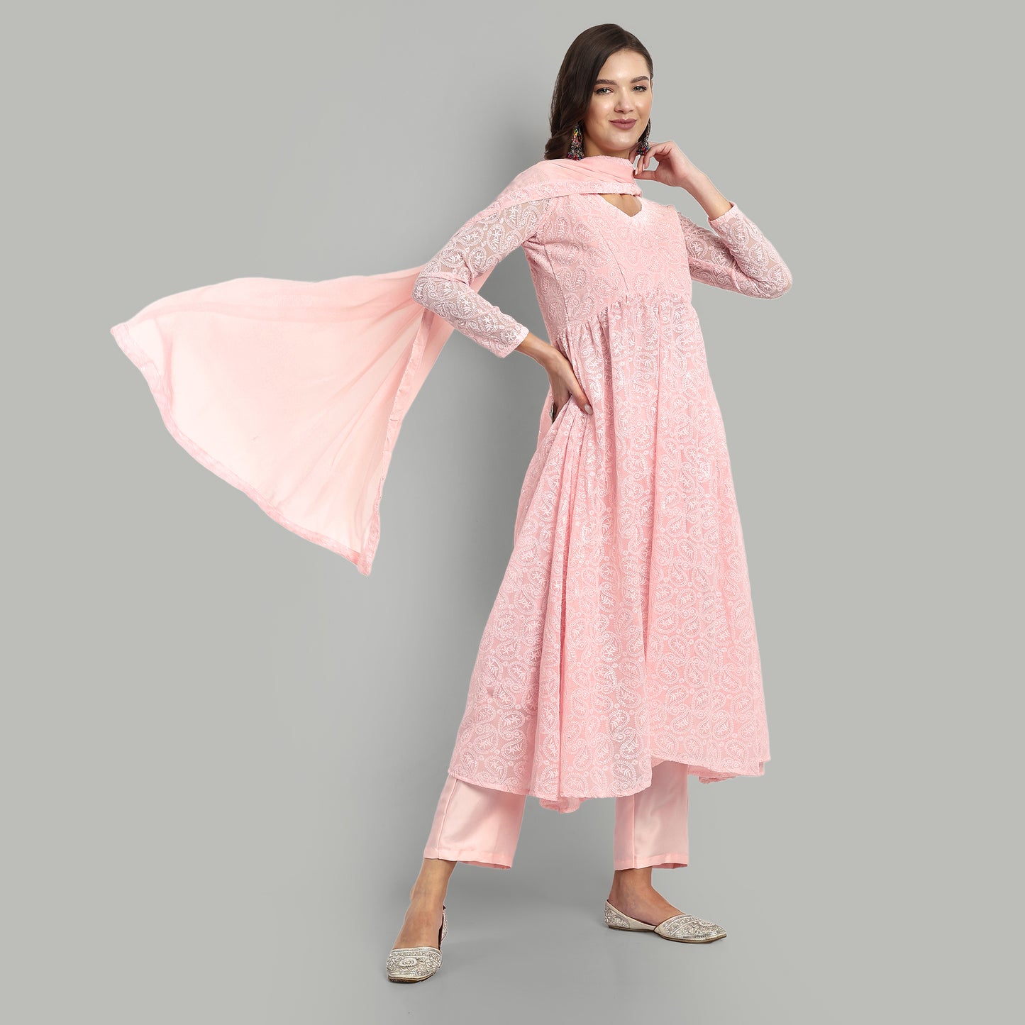 Paisley Embroidered Sequinned Georgette Fit & Flare Ethnic Dress with Dupatta