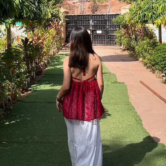 White Viscose Tiered Maxi Skirt & Maroon Halter Top Set