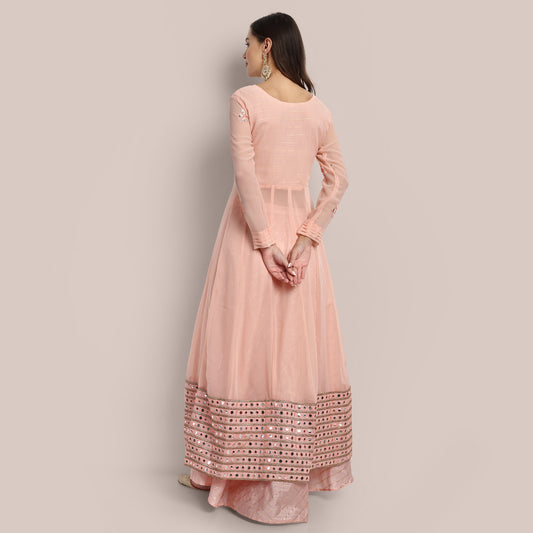 Designer Peach Jacket Lahenga With Mirror Abla Work Along With Weaving Work Skirts