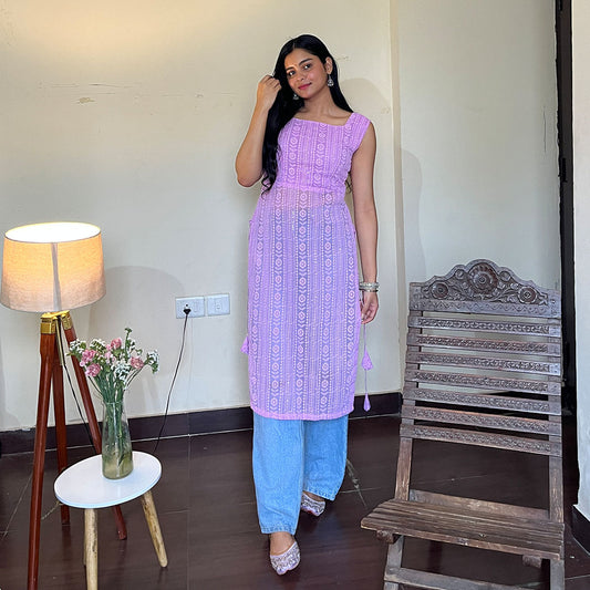 Lavender Bodyfit Side Tassel Long Chikankari Kurti