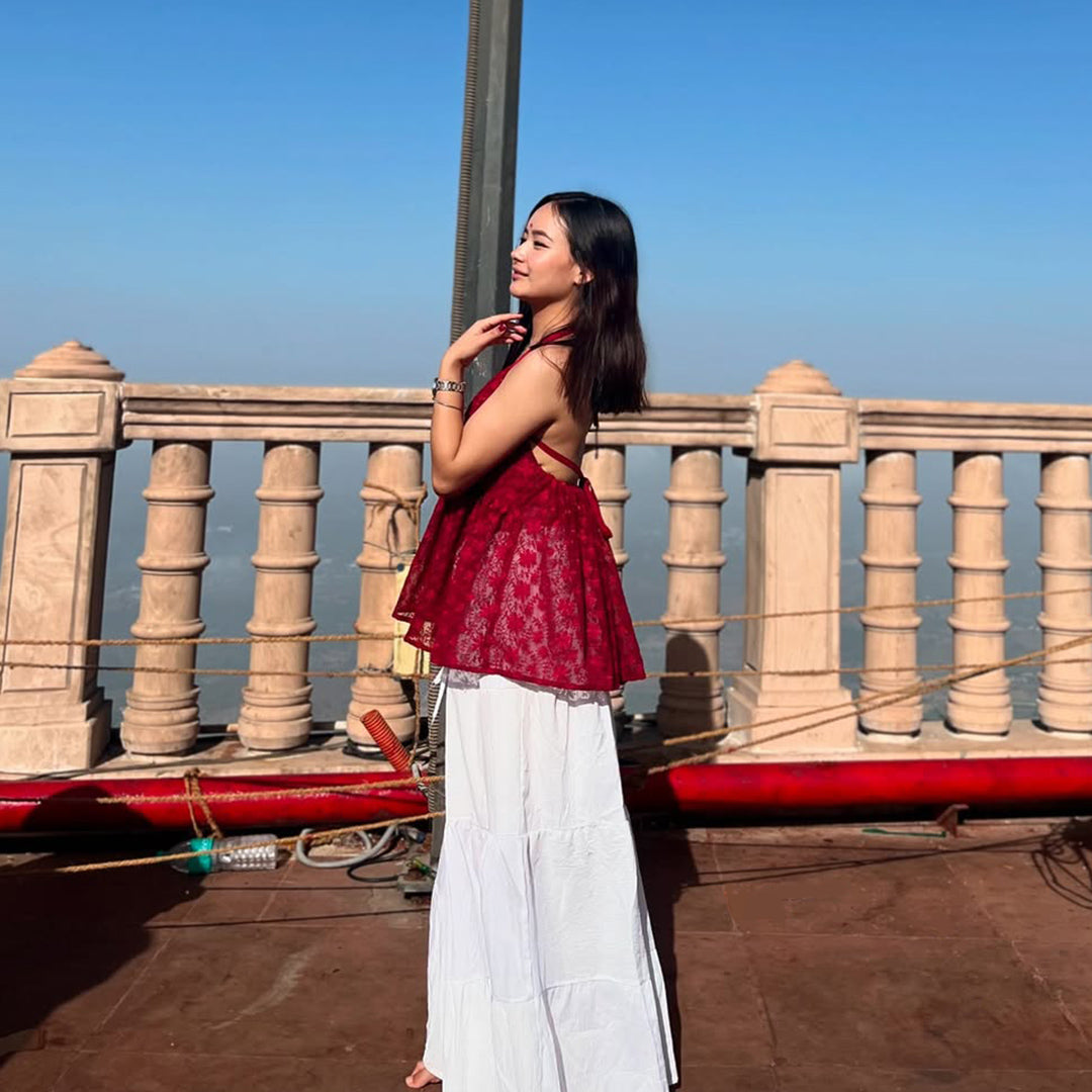 White Viscose Tiered Maxi Skirt Maroon Halter Top Set