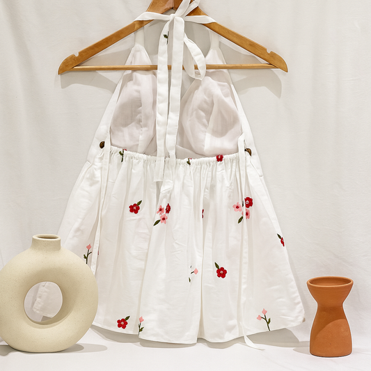 Chic & Comfy: Floral Threadwork Halter Top in White Cotton