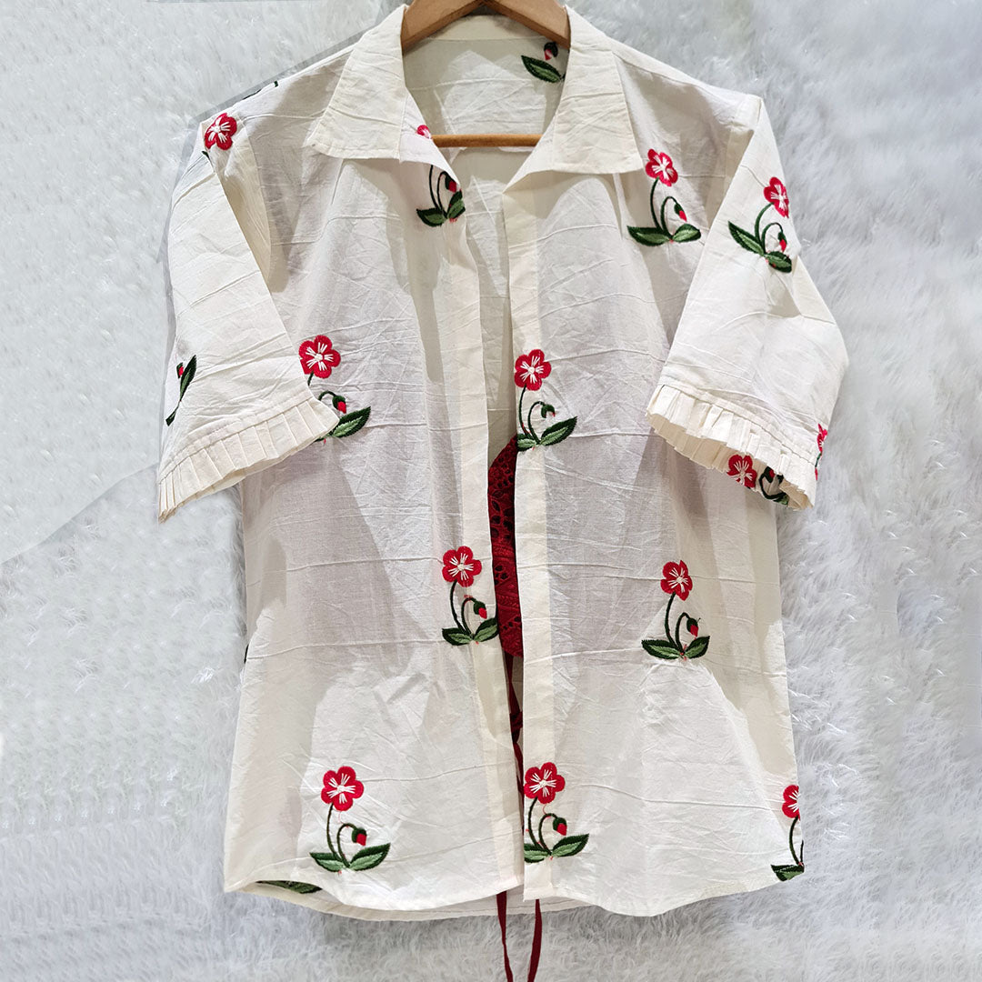 Biege Embroidery Shirt & Red Hakoba Chikan Bra Combo