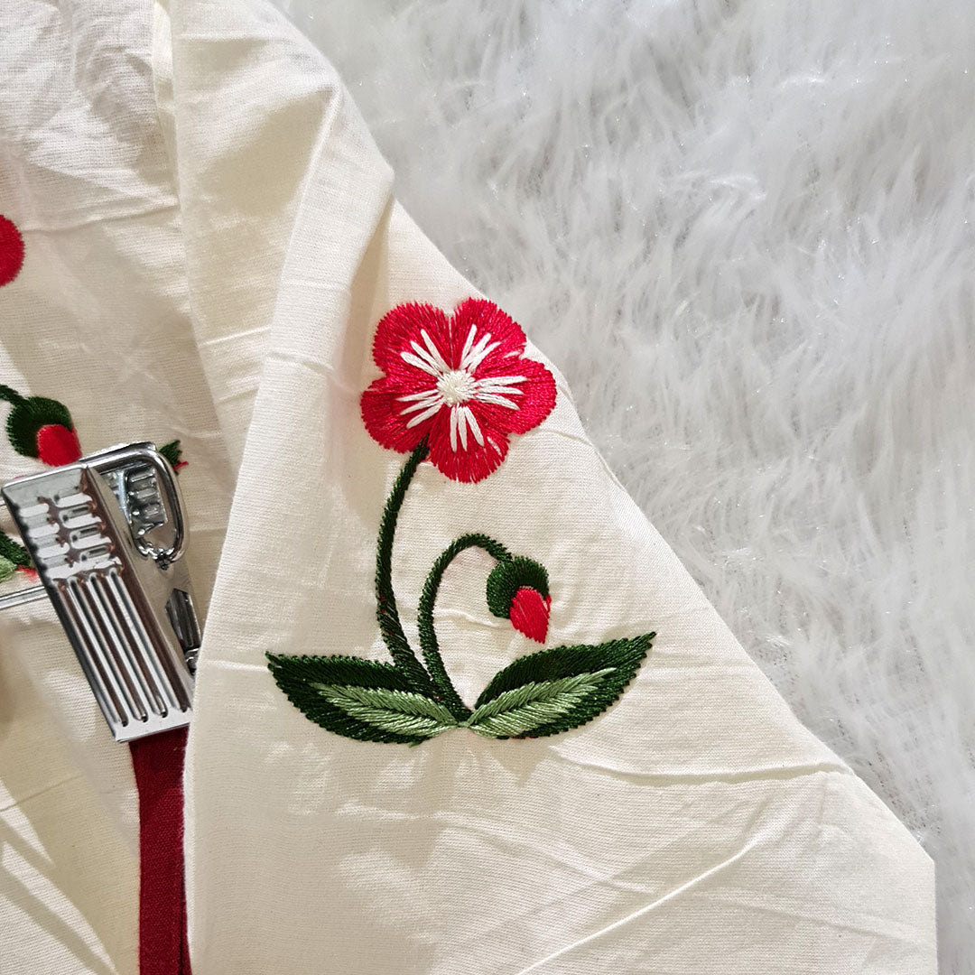 Biege Embroidery Shirt & Red Hakoba Chikan Bra Combo