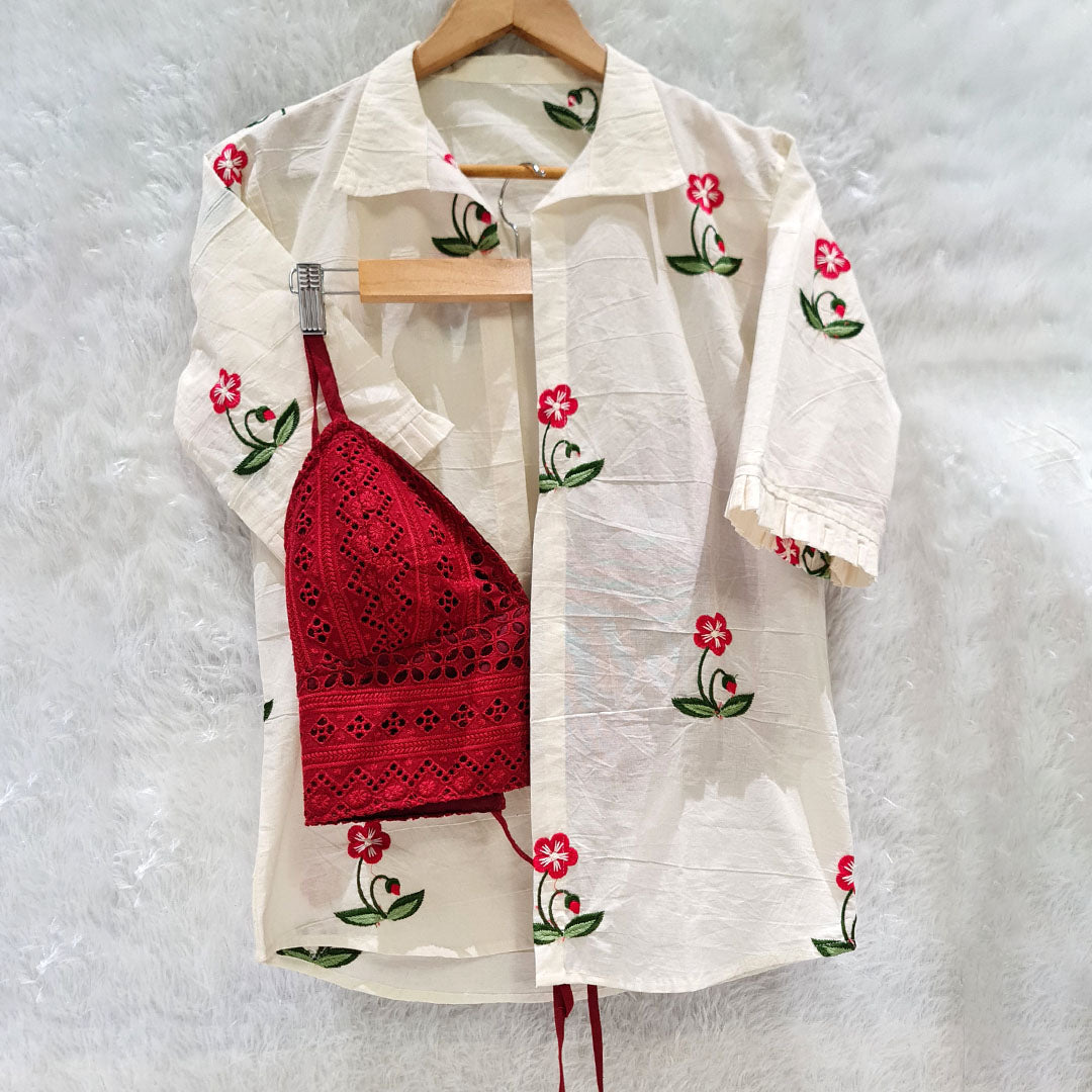 Biege Embroidery Shirt & Red Hakoba Chikan Bra Combo