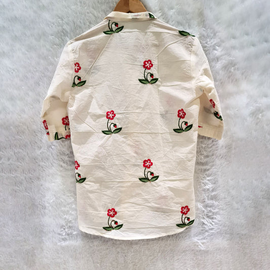 Biege Embroidery Shirt & Red Hakoba Chikan Bra Combo
