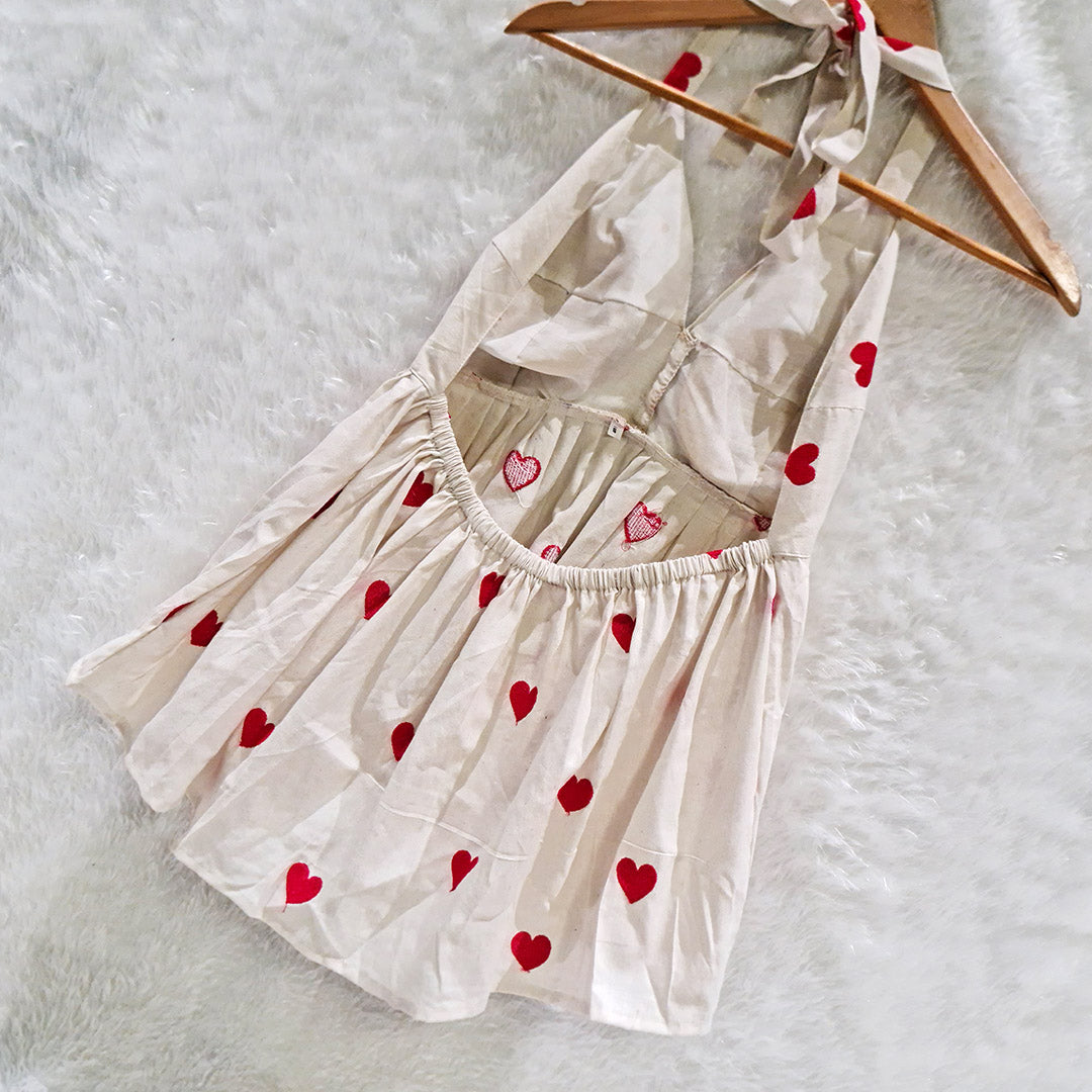 Milky White Heart Embrodired Padded Halter Neck Cotton Top