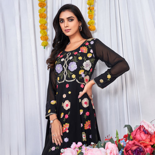 A black Anarkali gown adorned with vibrant multicolor embroidery.