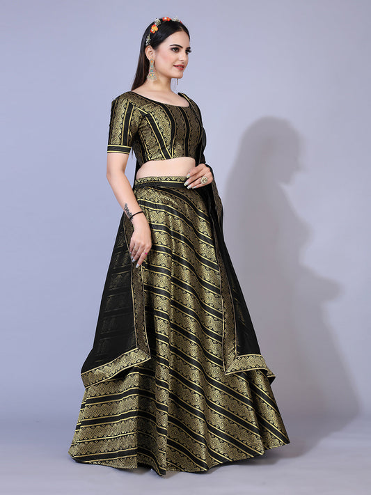 A dramatic black lehenga with a convenient ready-to-wear blouse and a matching dupatta. This complete outfit is perfect for making a statement at your next special occasion.