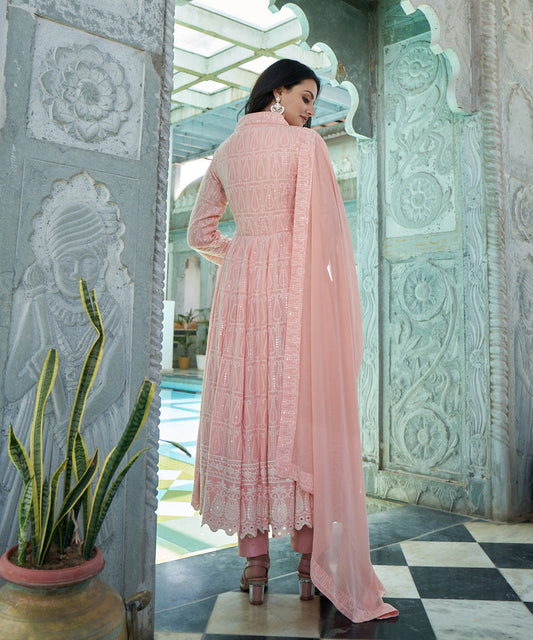 Burnt peach rayon Anarkali suit set featuring a flowing silhouette and elegant design