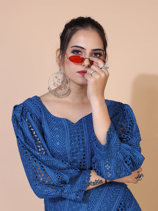 Classic turquoise blue Lucknowi embroidered gown with a flowing floor-length silhouette.