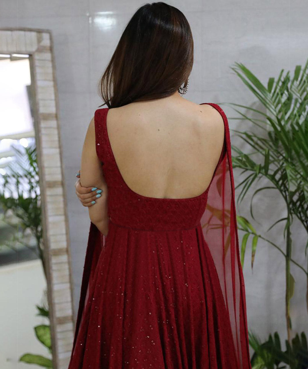 Designer Rayon Anarkali Gown adorned with Lucknowi Chikankari Embroidery, showcasing intricate craftsmanship and style.