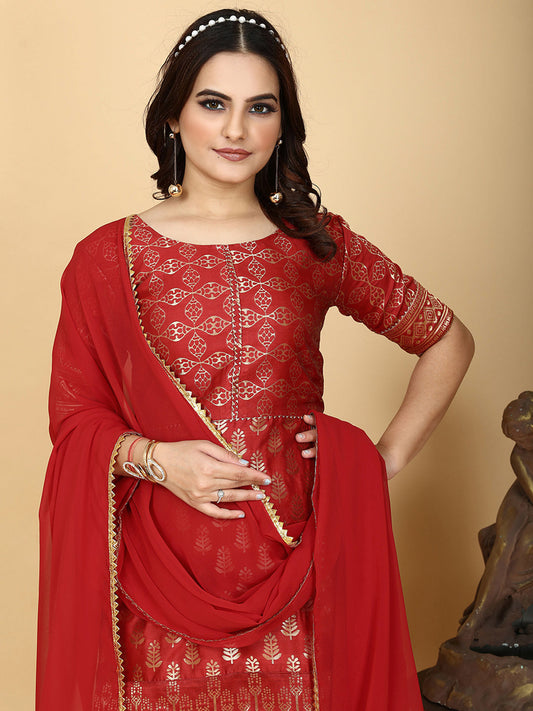 A traditional ensemble featuring a woven kurta adorned with ethnic motifs, complemented by flowing sharara pants and a matching dupatta