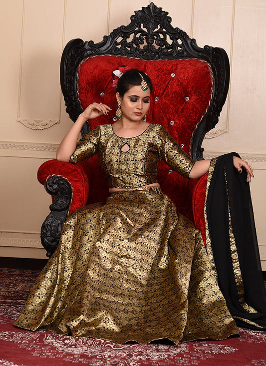 Black lehenga with gold woven details, ready to wear with blouse and dupatta.