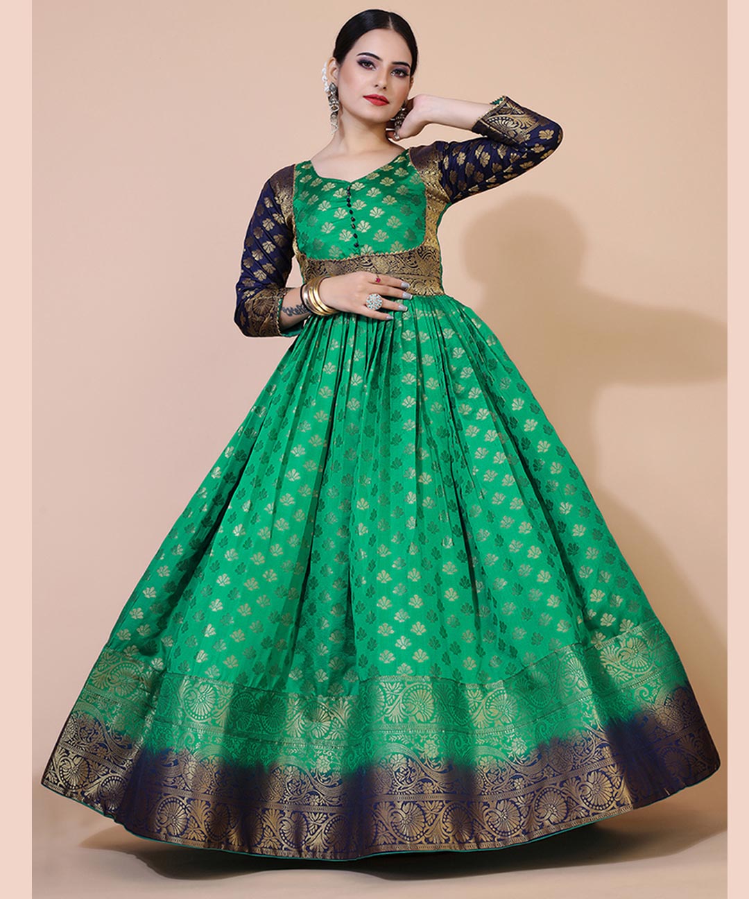 Green Ethnic Motifs Jacquard Maxi Dress Westoraa Green Ethnic Motifs Jacquard Maxi Dress Westoraa