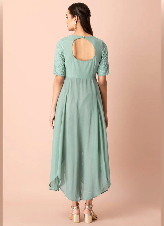 Light sea green mirror embroidered georgette kurta set, perfect for elegant and festive occasions.