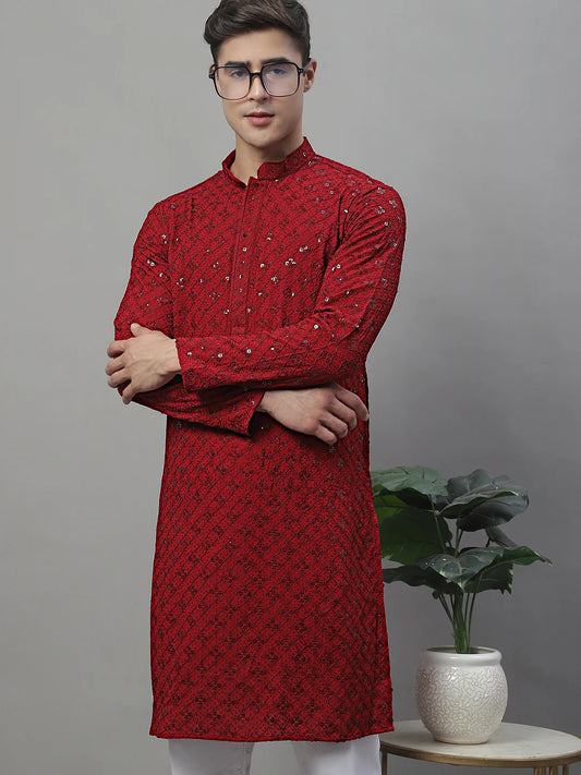 Men Maroon Chikankari Kurta