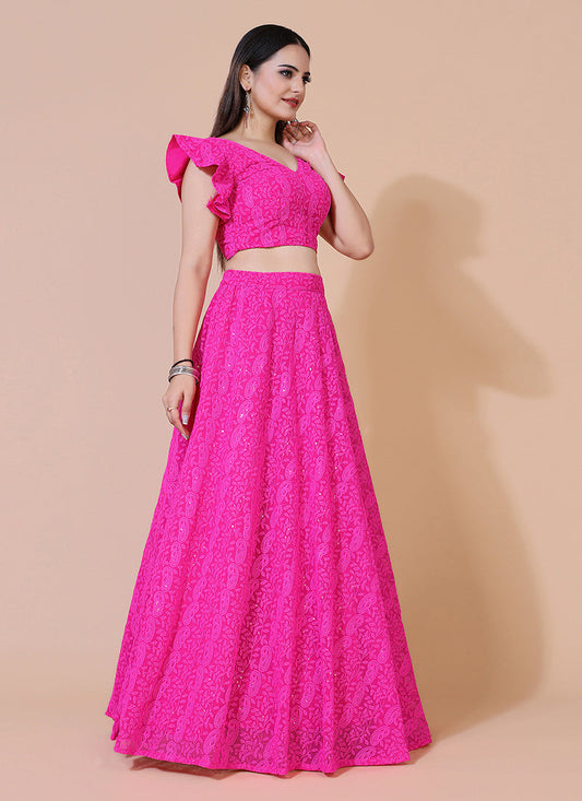 Magenta Chikankari work ready-to-wear lehenga and blouse with dupatta, ideal for traditional and festive occasions.