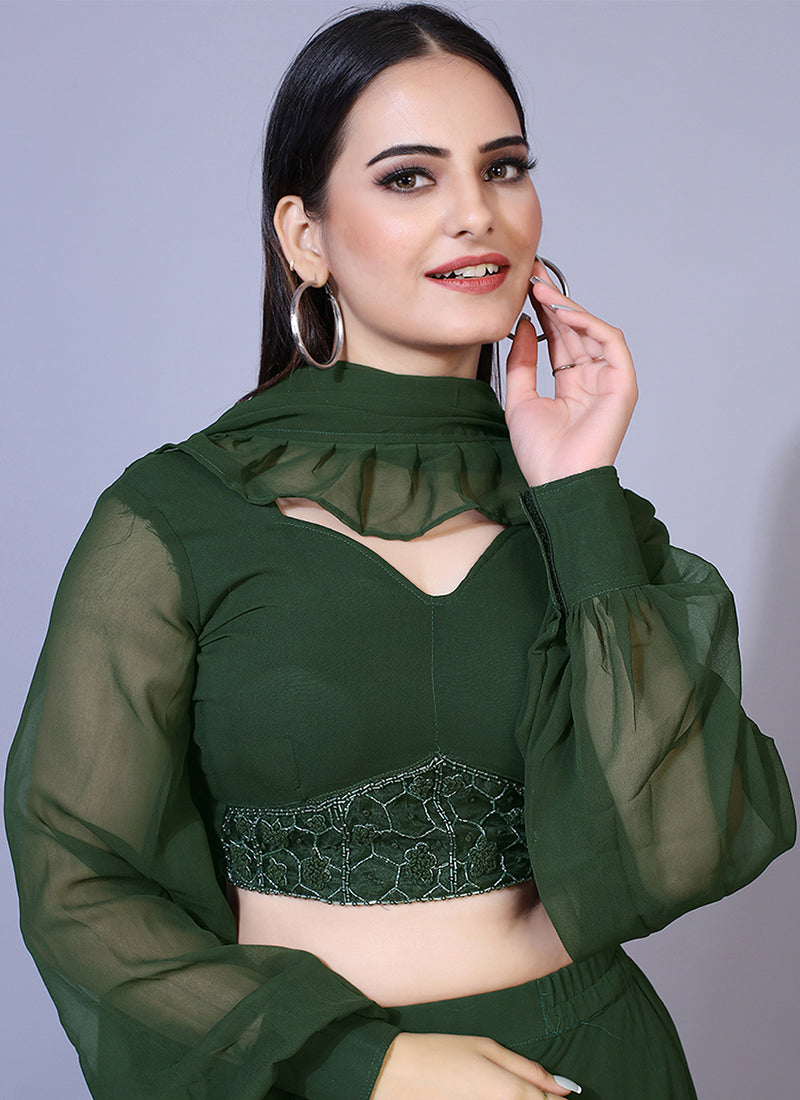 Mehendi-colored A-line Lucknowi Chikankari work stitched lehenga choli, ideal for traditional and festive celebrations.
