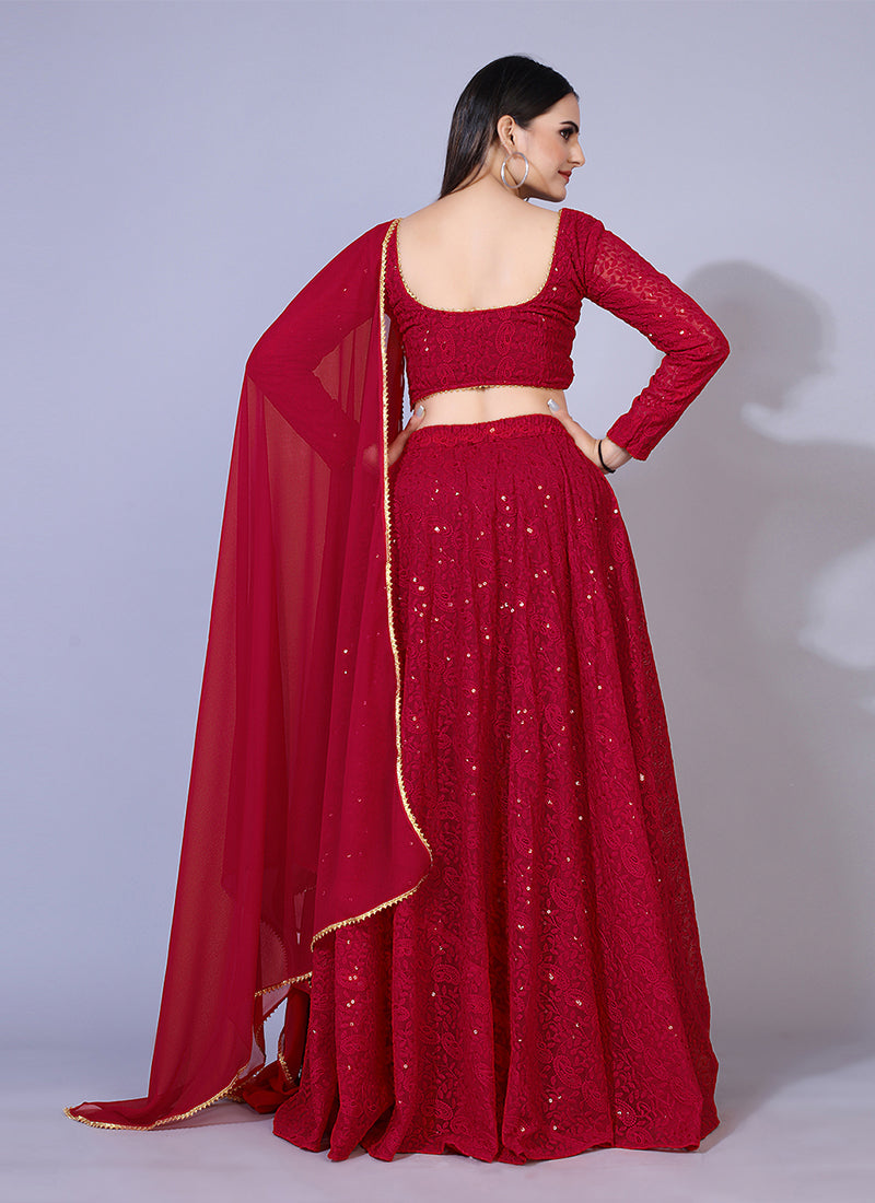 Maroon A-line Chikankari lehenga, ideal for traditional and festive occasions with intricate embroidery.