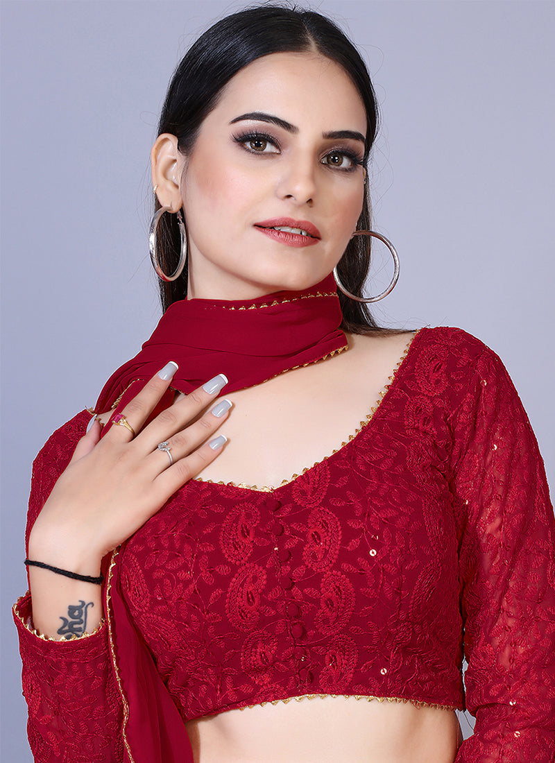 Maroon A-line Chikankari lehenga, ideal for traditional and festive occasions with intricate embroidery.