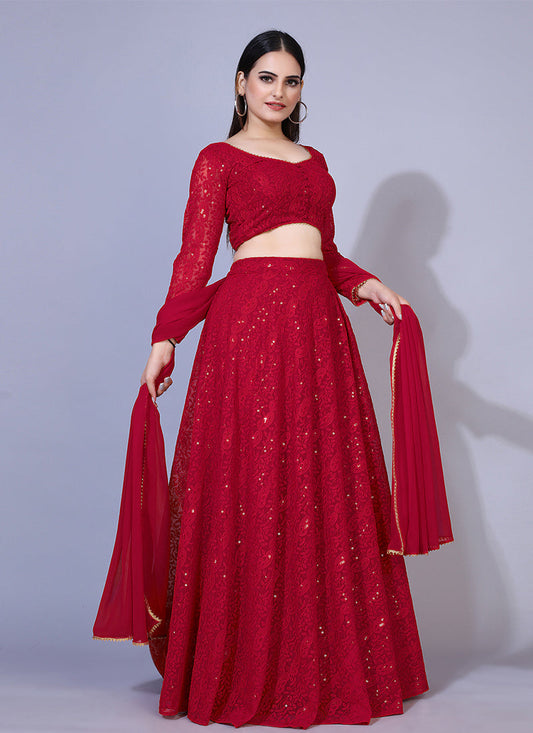 Maroon A-line Chikankari lehenga, ideal for traditional and festive occasions with intricate embroidery.