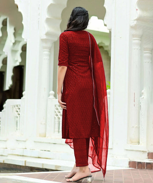 Maroon Chikankari Rayon Suit Set featuring delicate embroidery and stylish design