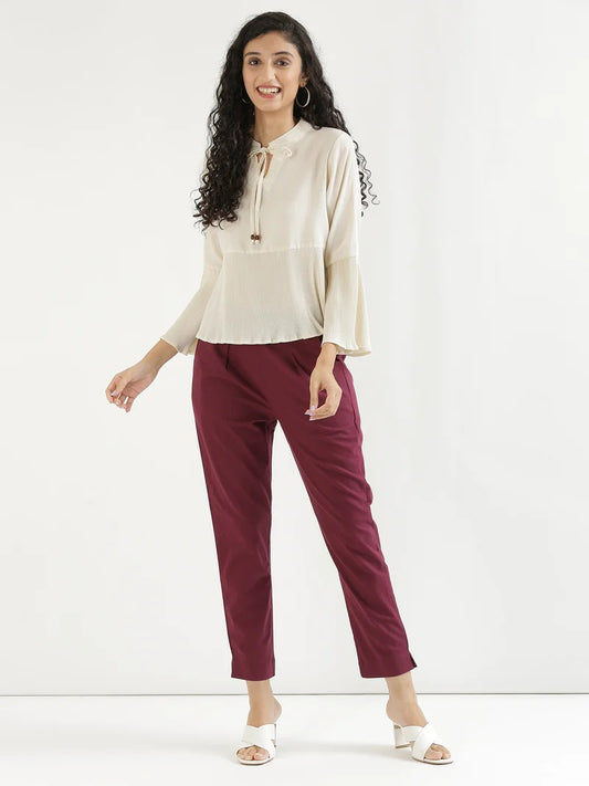 Wine High-Rise Easy Wash Pure Cotton Regular Pant