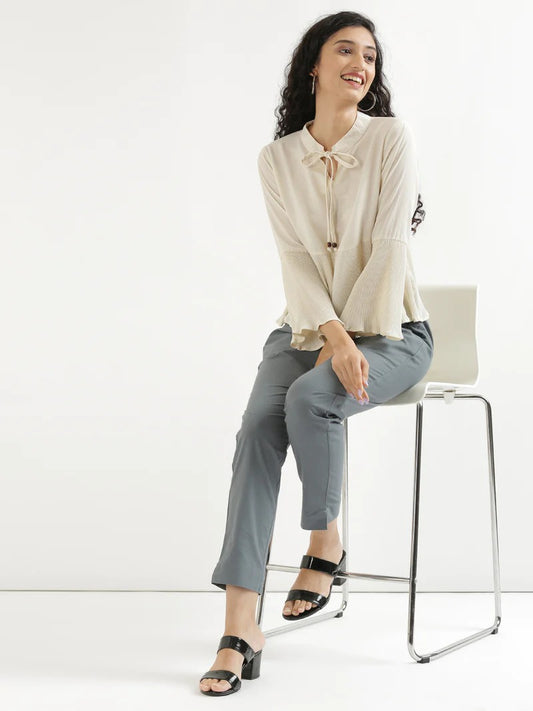 Grey High-Rise Easy Wash Pure Cotton Regular Pant