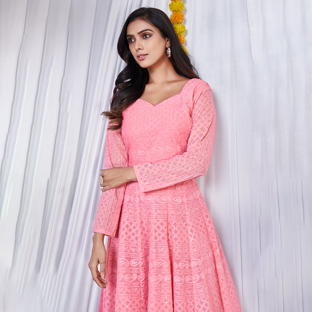 Peach Lucknowi embroidered georgette Anarkali gown, a graceful and delicately designed traditional ensemble.