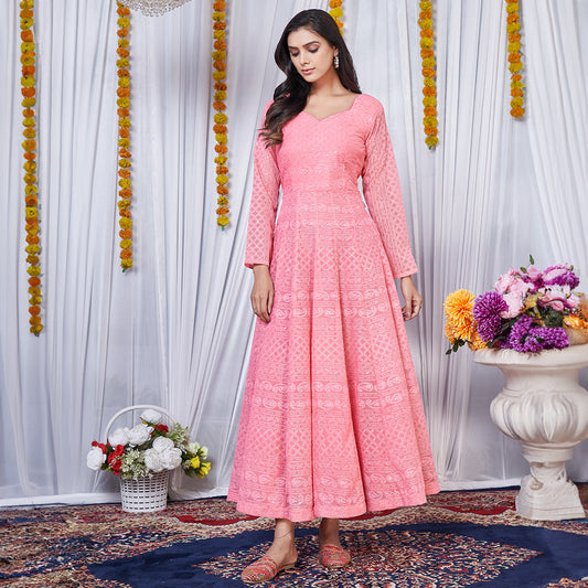 Peach Lucknowi embroidered georgette Anarkali gown, a graceful and delicately designed traditional ensemble.