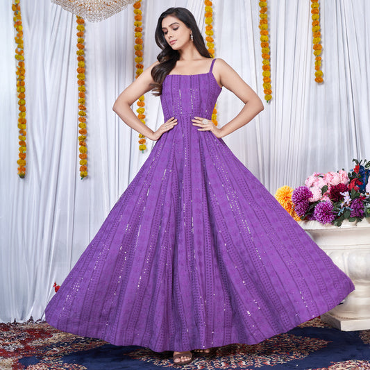 Purple Chikankari embroidered Anarkali gown, an elegant and intricately designed traditional outfit.