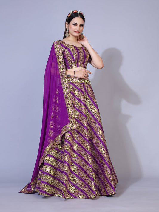 A regal purple lehenga with gold-toned embellishments, paired with a ready-to-wear blouse and matching dupatta. This elegant outfit is perfect for a festive occasion.