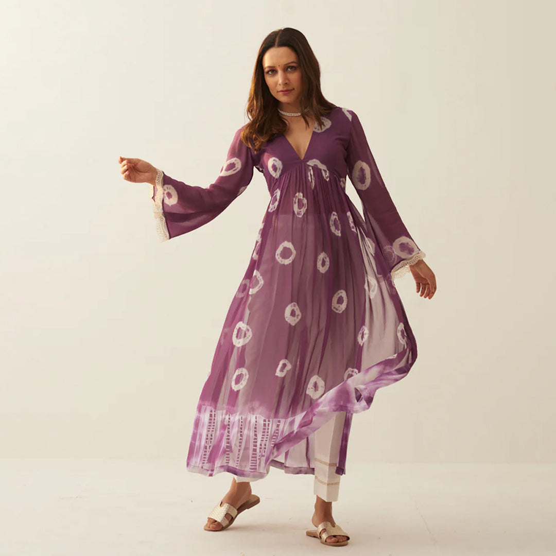 Wine Dyed Bandhej Alia Cut Flared Long Kurta With Pockets Pants