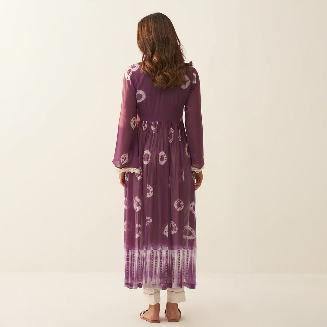 Wine Dyed Bandhej Alia Cut Flared Long Kurta With Pockets Pants